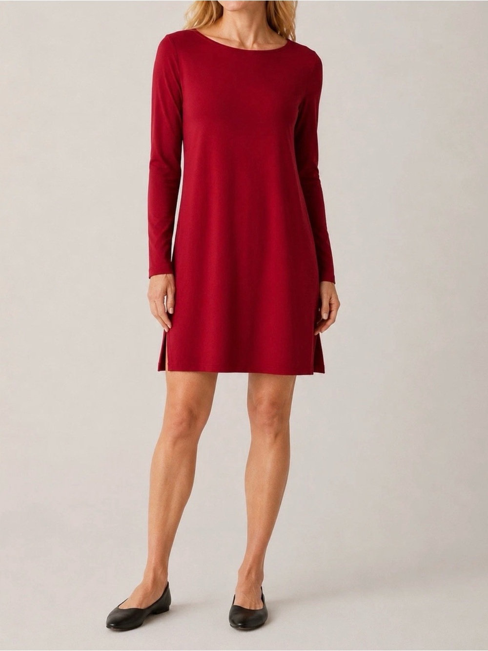 Eileen Fisher Long-Sleeve Mini Shift Dress In Red Size S/P